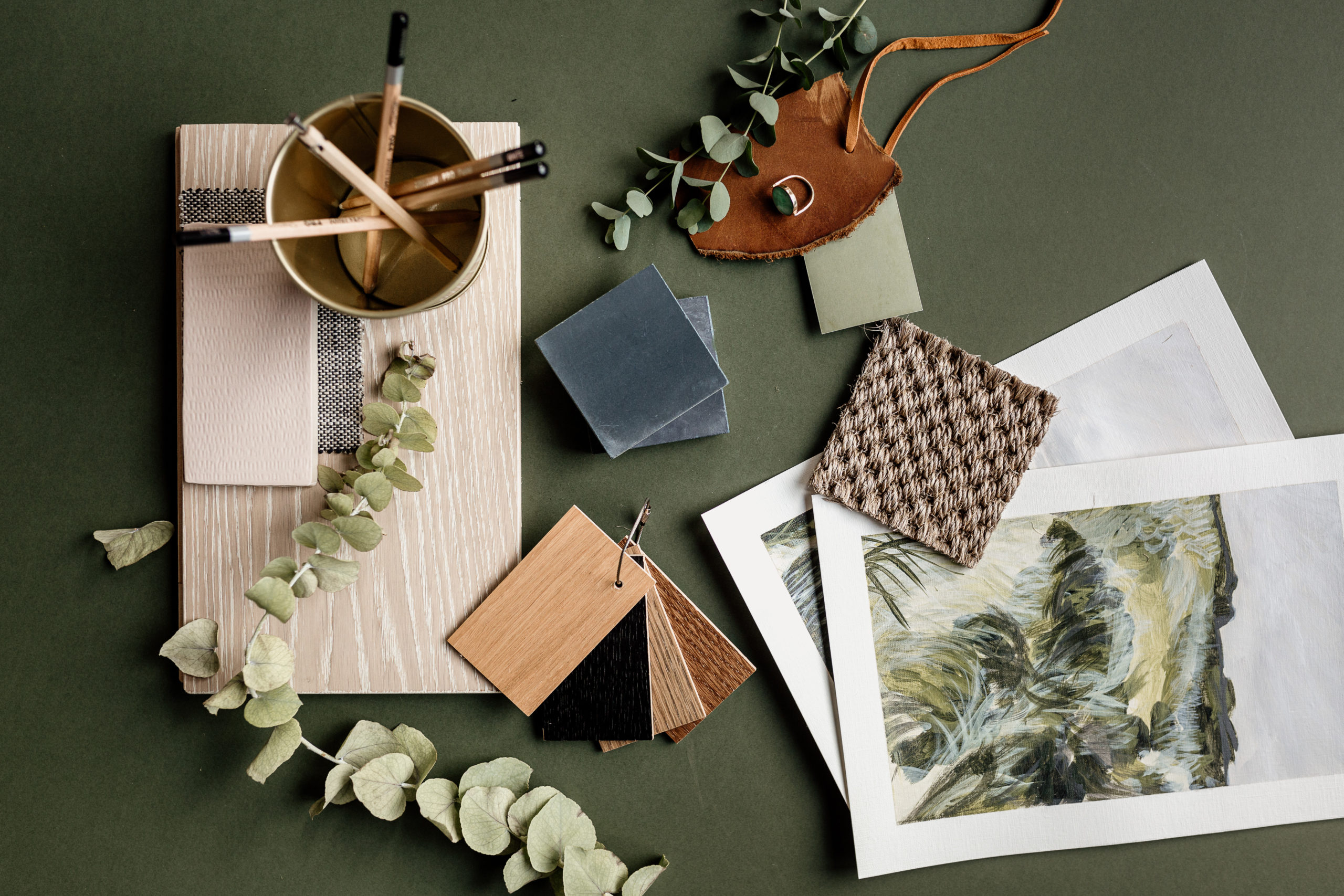 Moodboard featuring a palette of materials used in biophillic design